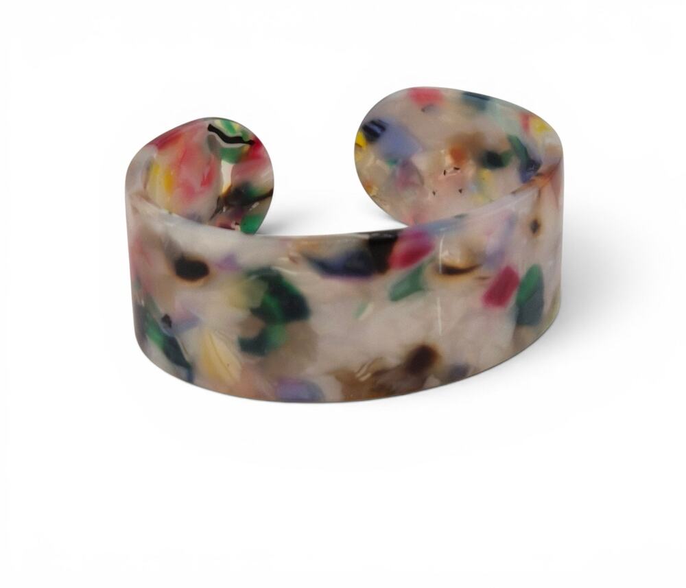 Vintage Confetti Lucite Acrylic Open Cuff Bracelet Wide Multicolor Statement